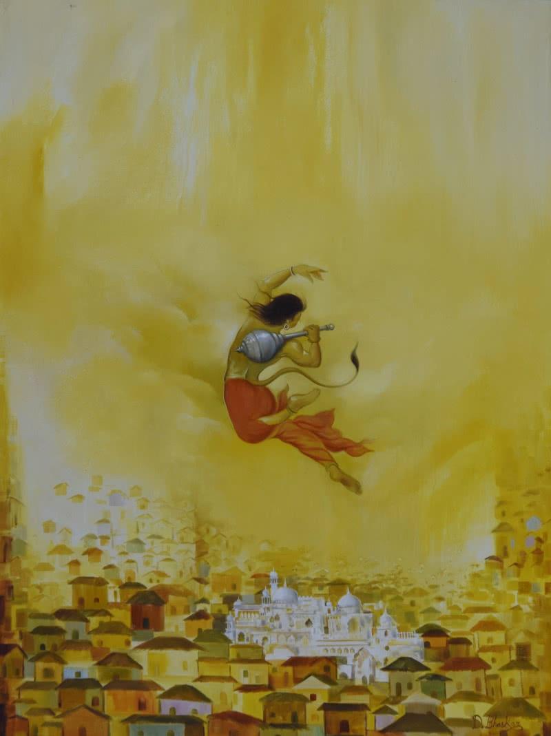 Religious oil painting titled 'Hanuman Ji', 36x48 inches, by artist Durshit Bhaskar on canvas