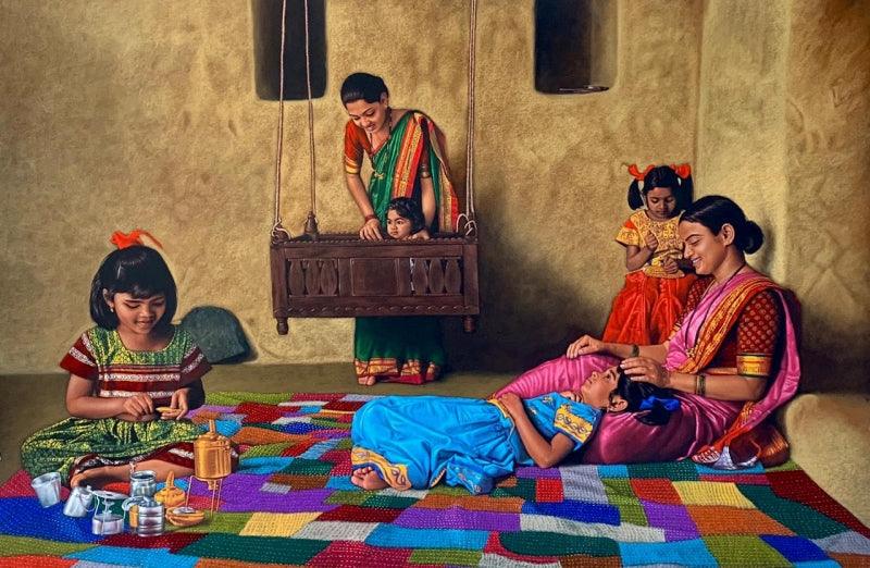 Figurative pencil drawing titled 'Happiness', 40x60 inches, by artist Shashikant Dhotre on Paper