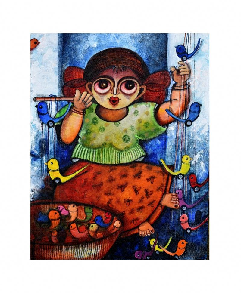 Figurative acrylic painting titled 'Happiness seller', 18x14 inches, by artist Sharmi Dey on Canvas
