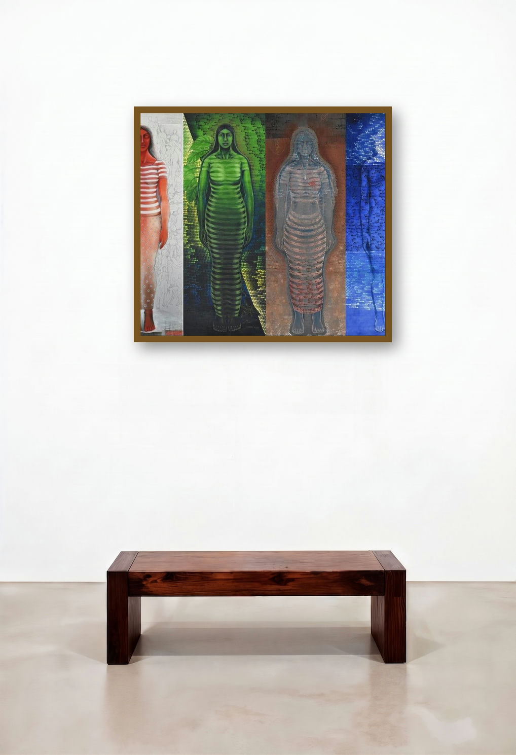 Harmony (The Elements) by artist Sumana Nath De displayed in a Mid-Century Modern Bedroom