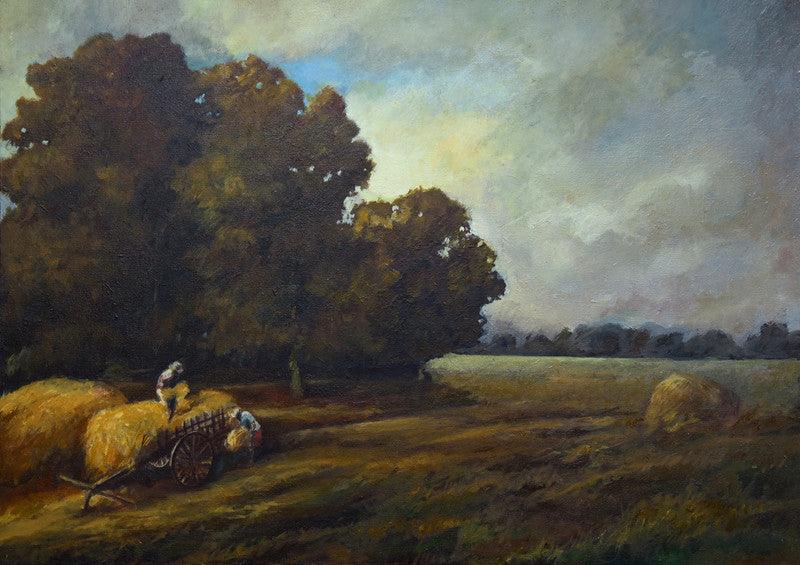 Landscape oil painting titled 'Harvest', 28x20 inches, by artist Biju Thomas on Canvas