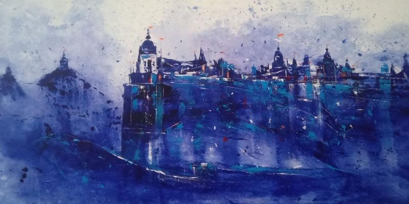 Abstract acrylic painting titled 'Heritage 2', 48x24 inches, by artist Dnyaneshwar Dhavale on Canvas