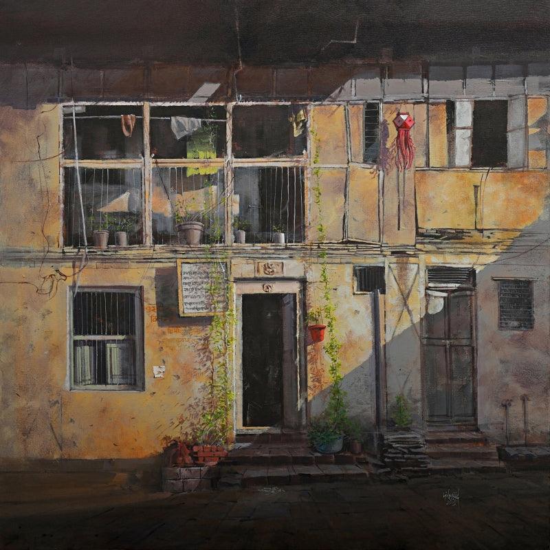 Cityscape acrylic painting titled 'Heritage', 36x36 inches, by artist Mangesh Shinde on Canvas