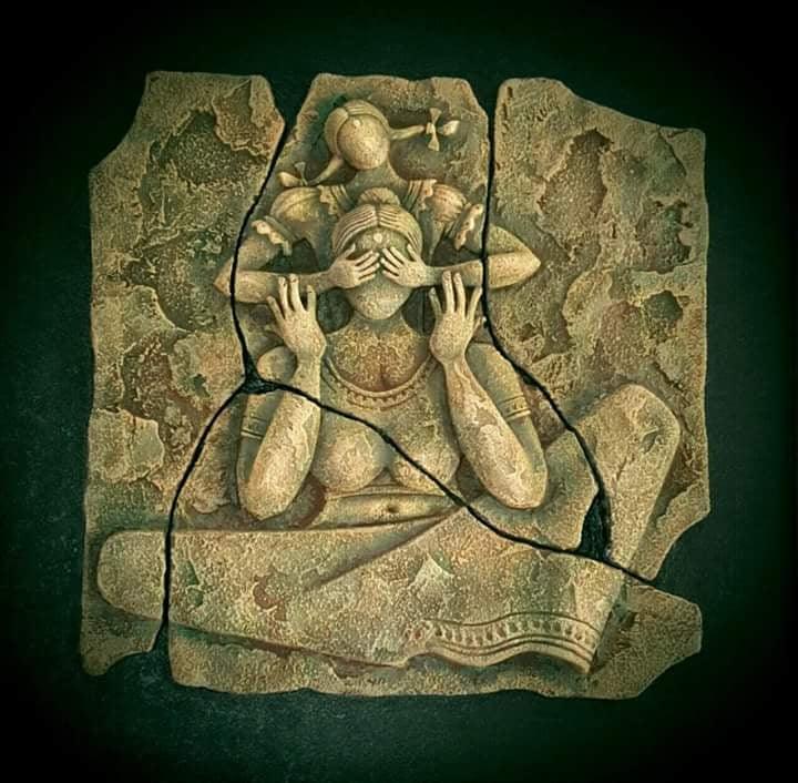 Figurative ceramic titled 'Hide And Seek', 24x24 inches, by artist Shashikant Charbe on Ceramic On Board