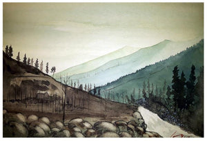Cityscape watercolor painting titled 'Hills', 7x11 inches, by artist Arunava Ray on Paper