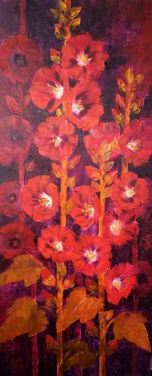 Nature oil painting titled 'Hollyhocks 1', 42x18 inches, by artist Swati Kale on Canvas