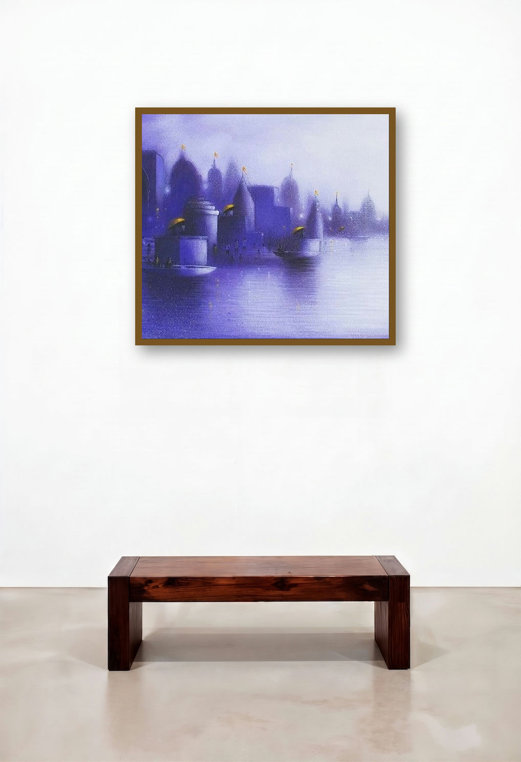 Holy Banaras 2 (Mystic Ganga) by artist Somnath Bothe displayed in a Mid-Century Modern Home Office