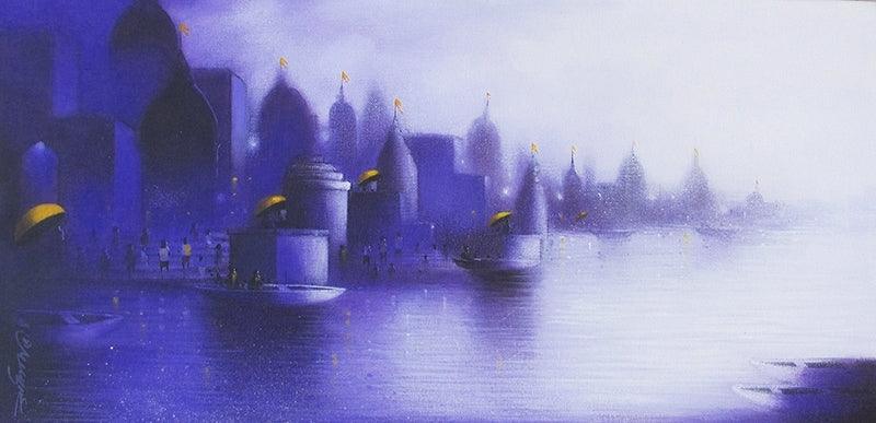 Cityscape acrylic painting titled 'Holy Banaras 2', 12x24 inches, by artist Somnath Bothe on Canvas