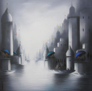 Cityscape mixed media painting titled 'Holy Banaras 3', 24x24 inches, by artist Somnath Bothe on Canvas