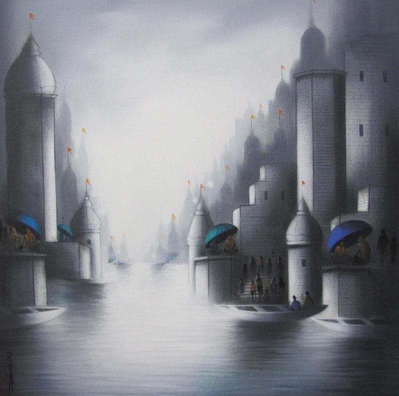 Cityscape mixed media painting titled 'Holy Banaras 3', 24x24 inches, by artist Somnath Bothe on Canvas