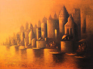 Cityscape acrylic painting titled 'Holy Banaras', 36x48 inches, by artist Somnath Bothe on Canvas