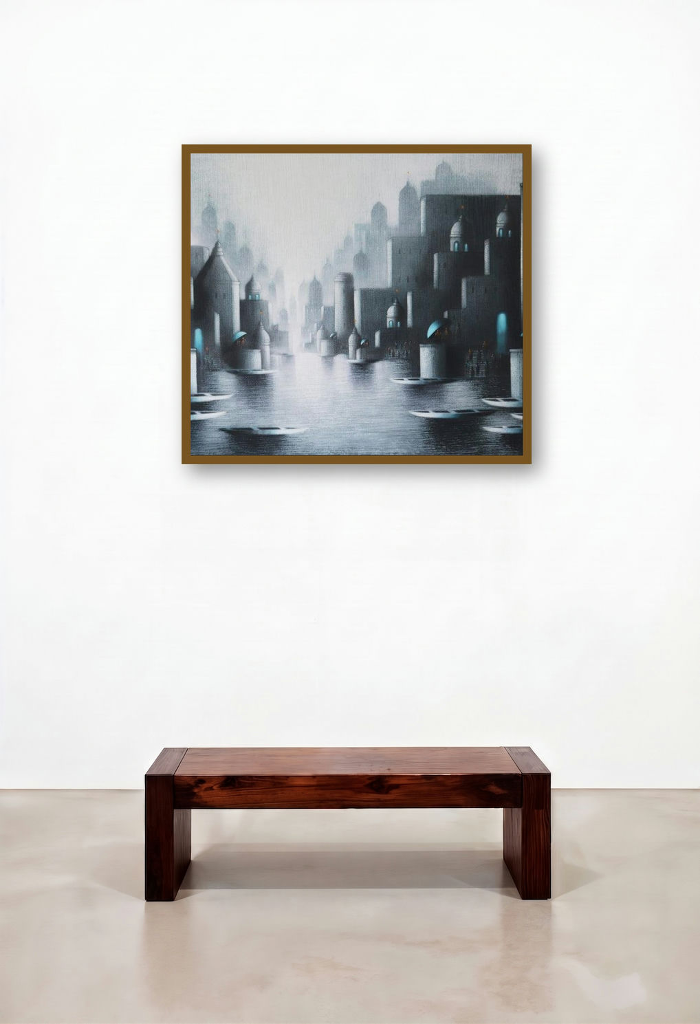 Holy Banaras (Dawn on the Ganges) by artist Somnath Bothe displayed in a Eclectic Living Room
