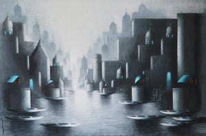 Cityscape acrylic charcoal painting titled 'Holy Banaras', 40x60 inches, by artist Somnath Bothe on Canvas