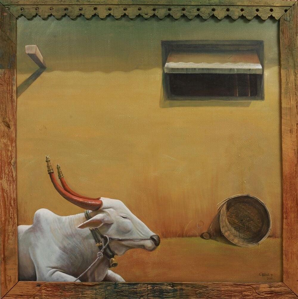 Cityscape acrylic painting titled 'Holy Cow', 60x60 inches, by artist Gopal Pardeshi on Canvas