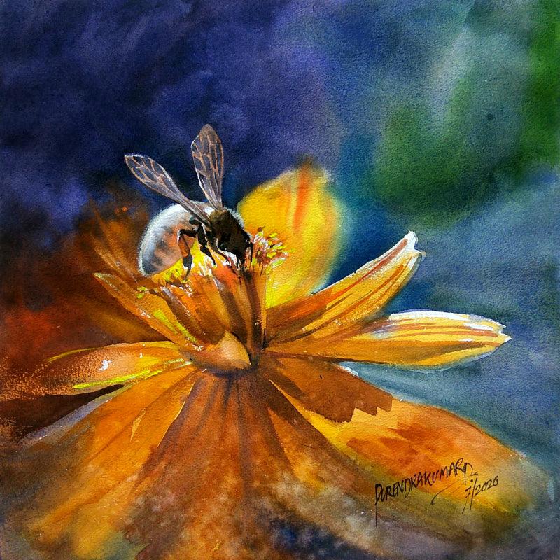 Animals watercolor painting titled 'Honey Bee', 18x18 inches, by artist Purendra Deogirkar on Paper