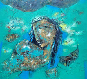 Figurative mixed media painting titled 'Honey Collector', 24x24 inches, by artist Dhananjoy Das on Canvas