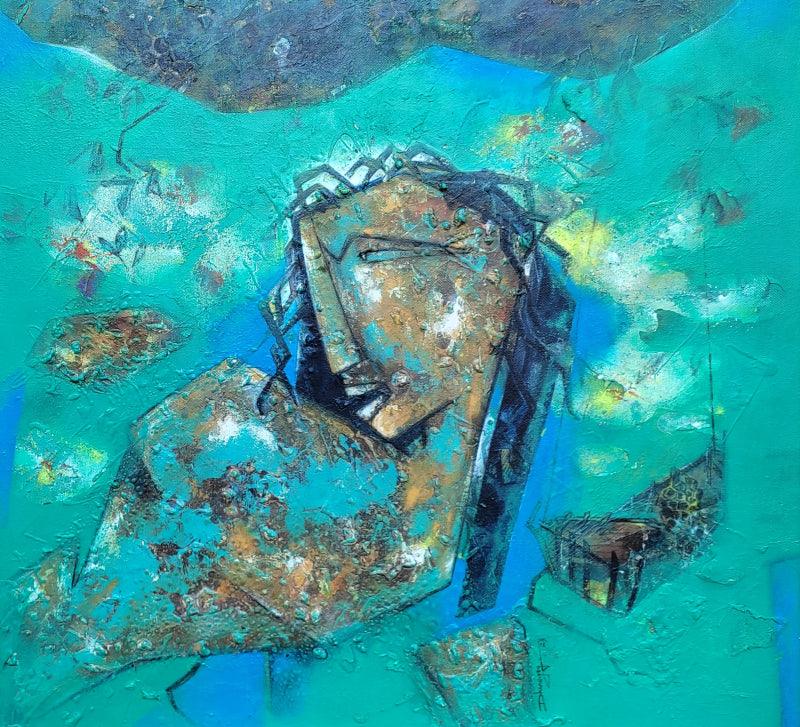 Figurative mixed media painting titled 'Honey Collector', 24x24 inches, by artist Dhananjoy Das on Canvas