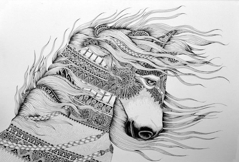 Animals pen drawing titled 'Horse 1', 22x30 inches, by artist Kushal Kumar on Paper
