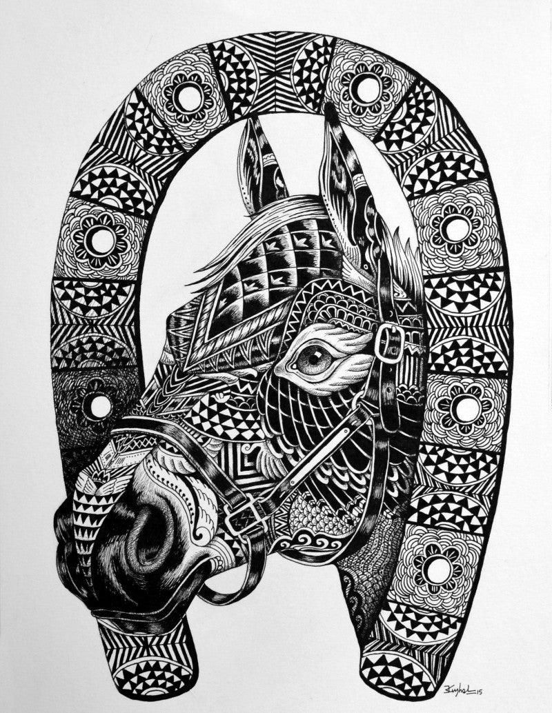Animals pen drawing titled 'Horse 2', 15x11 inches, by artist Kushal Kumar on Paper