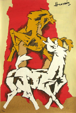 Animals serigraphs painting titled 'Horse 2', 60x40 inches, by artist M. F. Husain on Paper