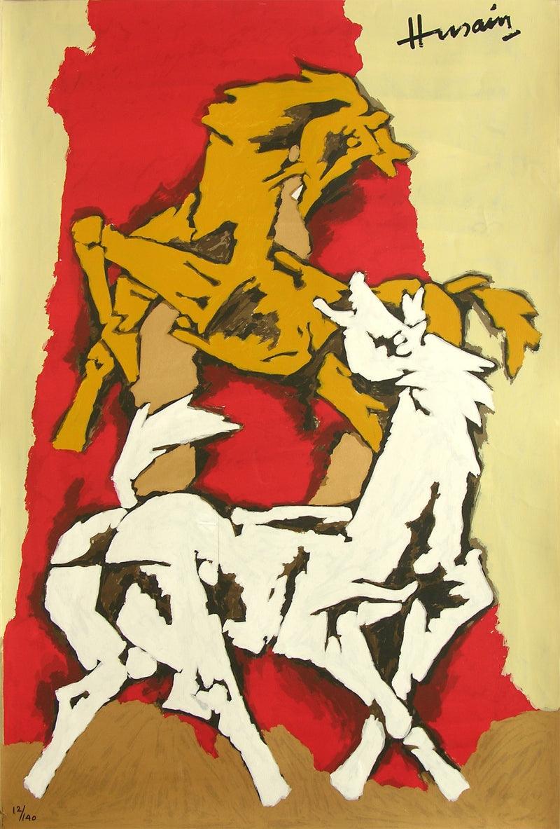 Animals serigraphs painting titled 'Horse 2', 60x40 inches, by artist M. F. Husain on Paper