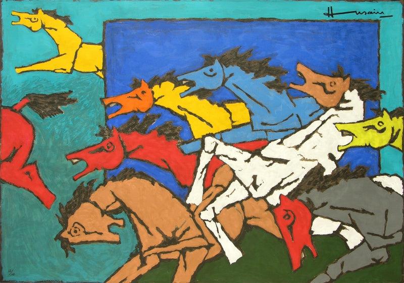 Animals serigraphs painting titled 'Horse 3', 60x84 inches, by artist M. F. Husain on Paper