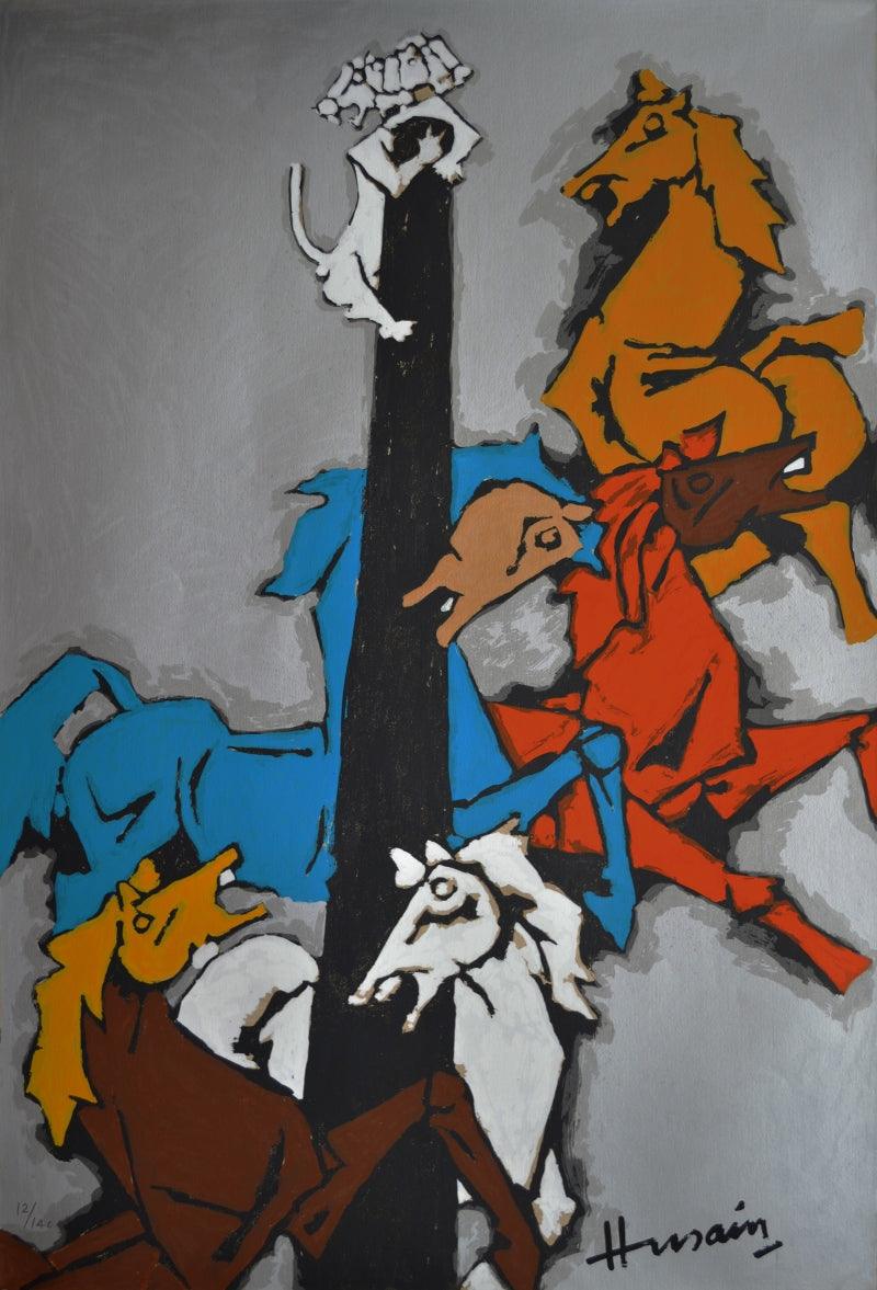 Animals serigraphs painting titled 'Horse', 60x40 inches, by artist M. F. Husain on Paper