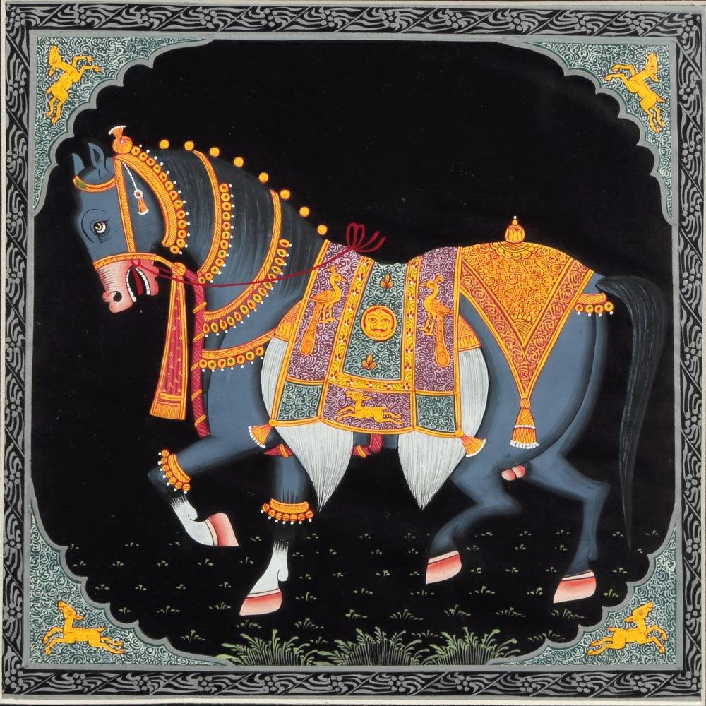 Folk Art miniature traditional art titled 'Horse', 10x10 inches, by artist Kalaviti Arts on Silk Cloth