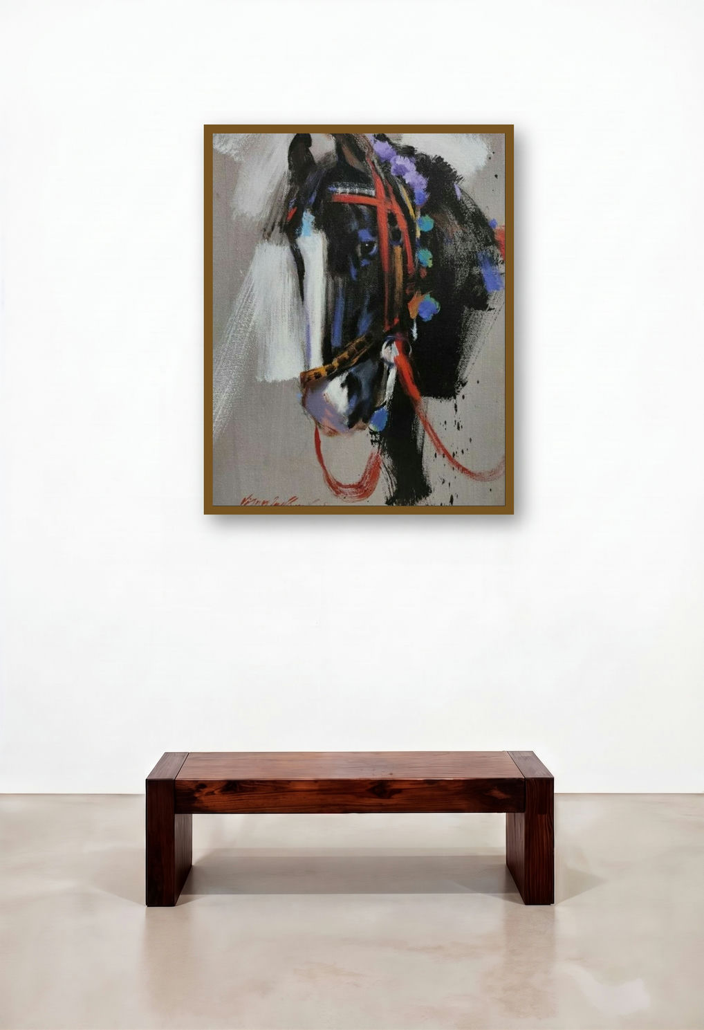 Horse (Majestic Horse) by artist Vijay Jadhav displayed in a Mid-Century Modern Hotel Lobby