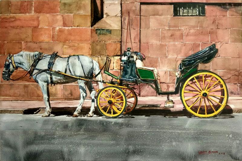Cityscape watercolor painting titled 'Horse cart', 22x15 inches, by artist Dr Uday Bhan on Paper