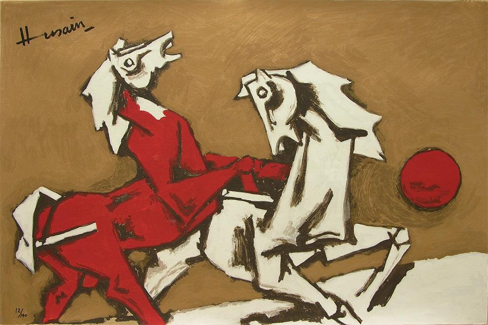 Animals serigraphs painting titled 'Horses', 40x60 inches, by artist M. F. Husain on Paper