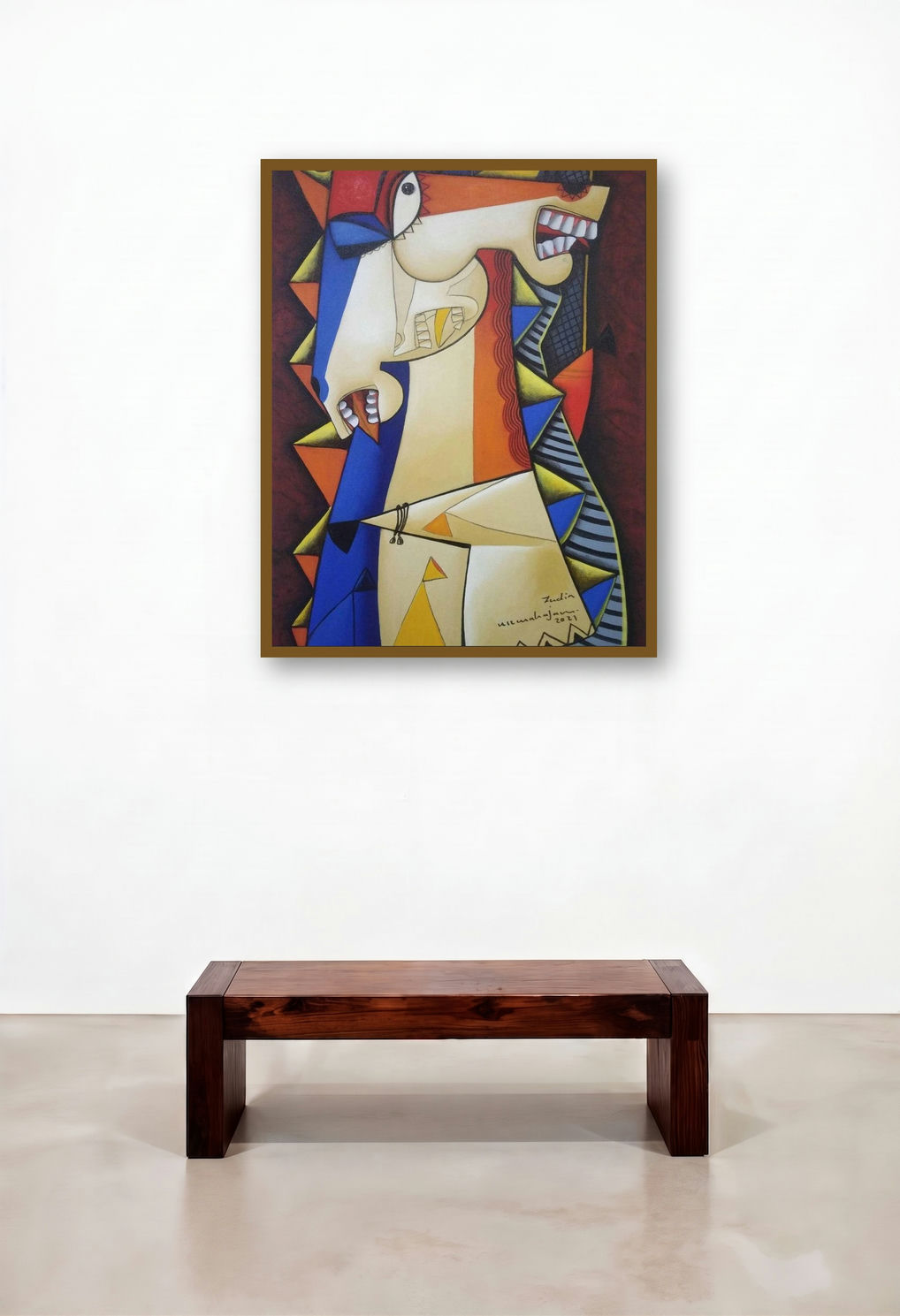 Horses (Cubist Horses) by artist Arvind R Mahajan displayed in a Japandi Hallway
