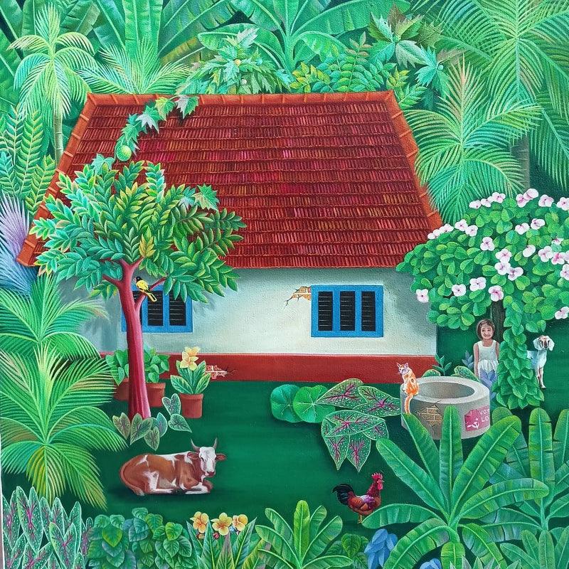 Landscape oil painting titled 'House', 36x33 inches, by artist Murali Nagapuzha on Canvas