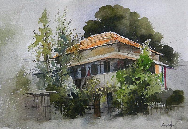Cityscape watercolor painting titled 'House At Dhantoli', 15x22 inches, by artist Bijay Biswaal on Handmade Paper