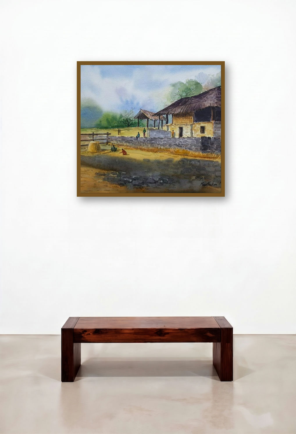 Hut (A Peaceful Village Idyll) by artist Madhukar Mahajan displayed in a Transitional Bedroom