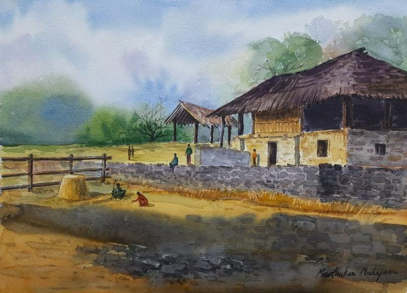 Landscape watercolor painting titled 'Hut', 12x16 inches, by artist Madhukar Mahajan on Paper