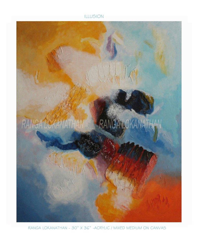 Abstract mixed media titled 'Illusion', 36x30 inches, by artist Ranga Naidu on Canvas