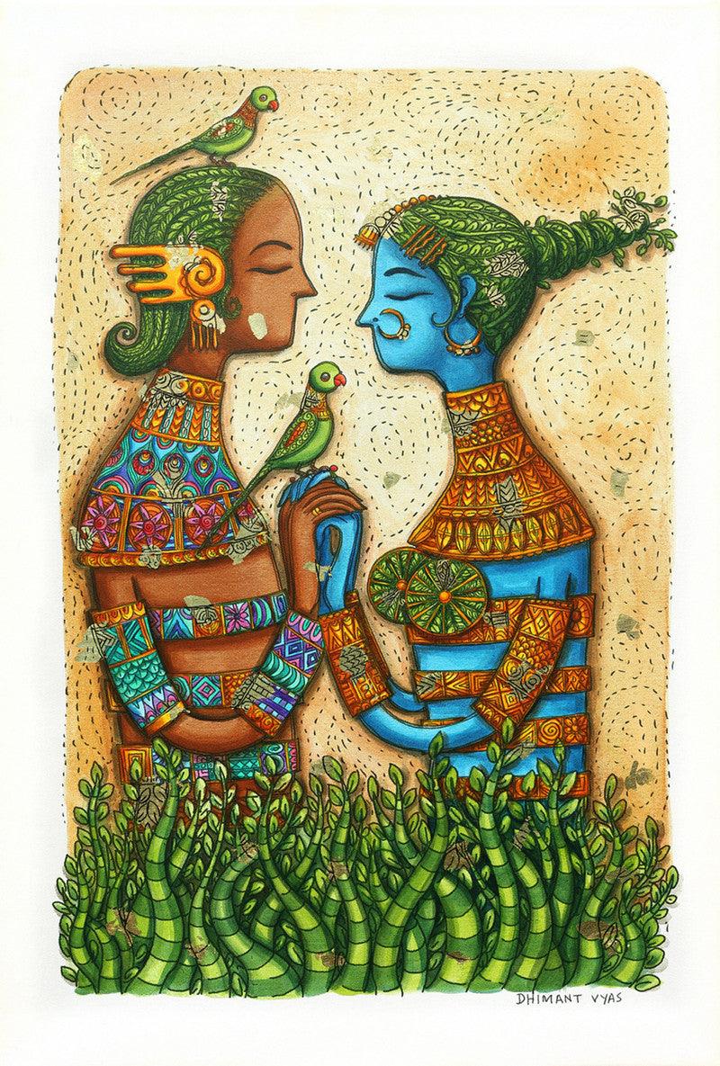 Figurative mixed media painting titled 'Immortal Love', 36x24 inches, by artist Dhimant Vyas on Canvas