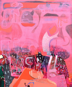 In Love (Playful Composition in Pink) by Neeraj Yadava, Original Mixed Media Abstract Painting on Canvas, X-Large Vertical Wall Art