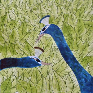 In Love (Peacock Paradise) by Sumit Mehndiratta, Original Acrylic Animal Painting on Canvas, Small Square Wall Art
