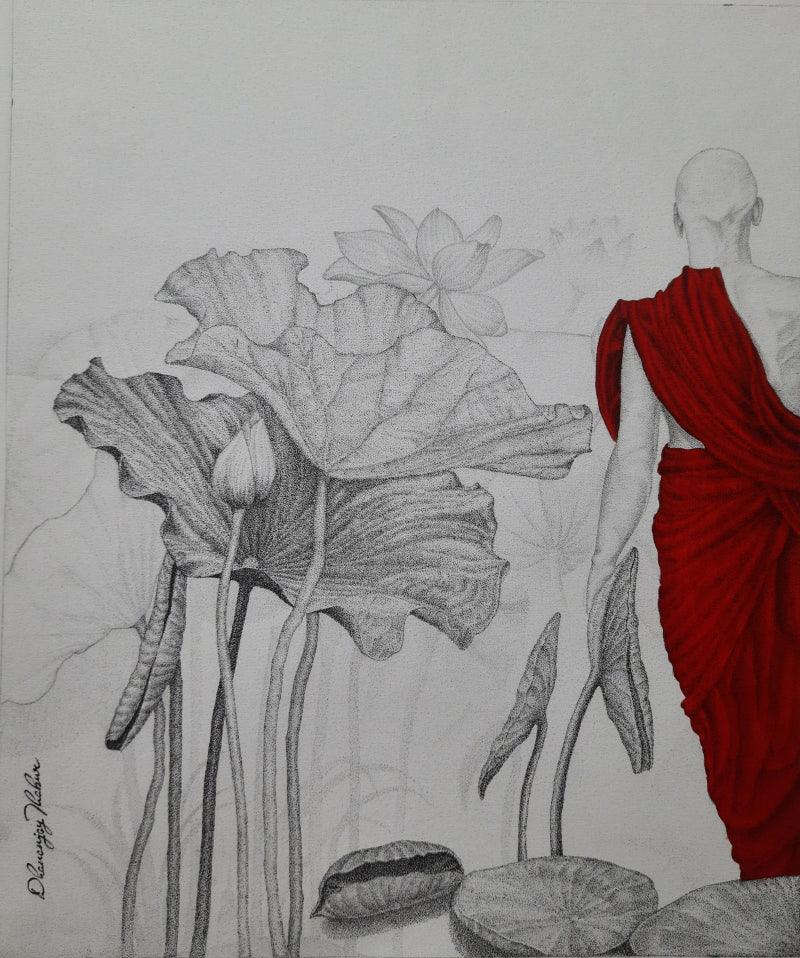 Religious pen ink drawing titled 'In Search Of Peace', 24x20 inches, by artist Dhananjay Thakur on Canvas