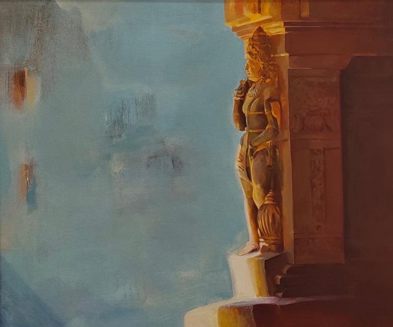 Religious acrylic painting titled 'In The Light And Shade Of Kailas Temple', 30x36 inches, by artist Sheetal Bawkar on Canvas