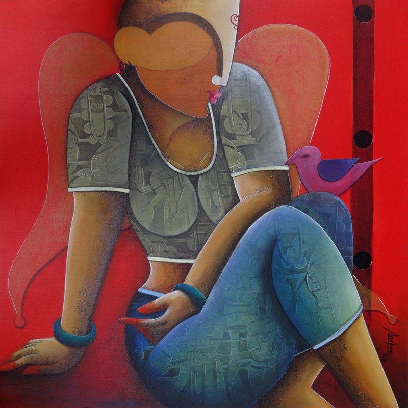 Figurative acrylic painting titled 'In a conversation', 30x30 inches, by artist Anupam Pal on Canvas
