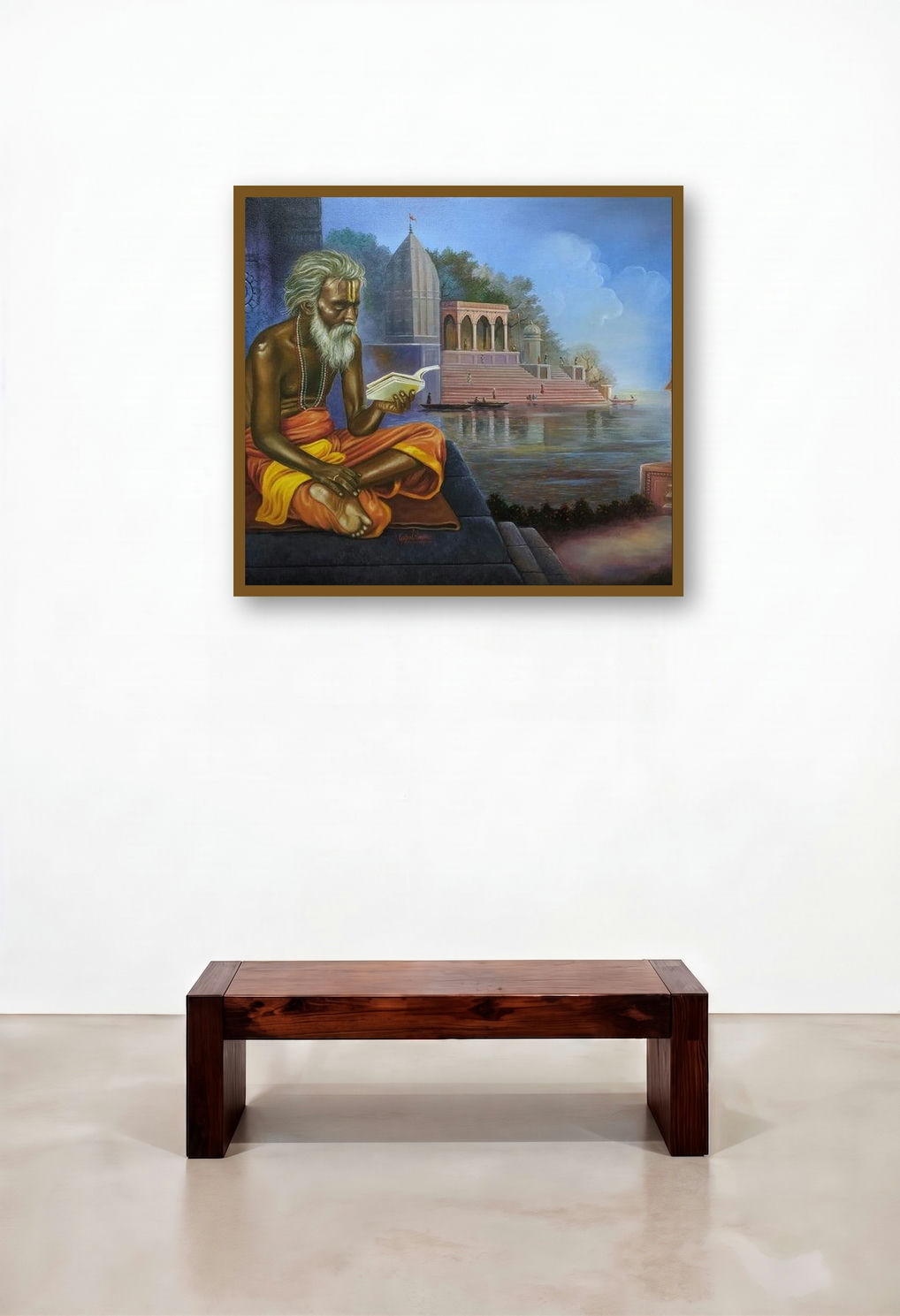 Indian Sadhu by artist Gopal Sharma displayed in a Mid-Century Modern Lounge