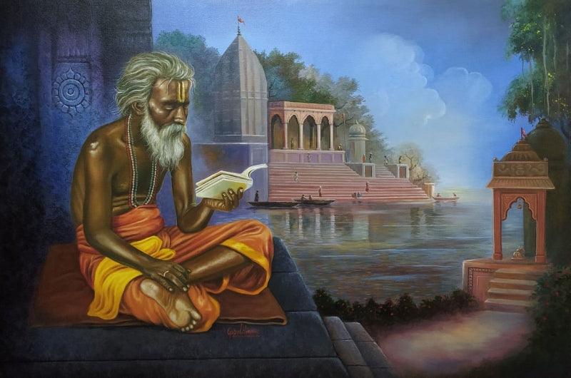 Religious acrylic oil painting titled 'Indian Sadhu', 29x44 inches, by artist Gopal Sharma on Canvas