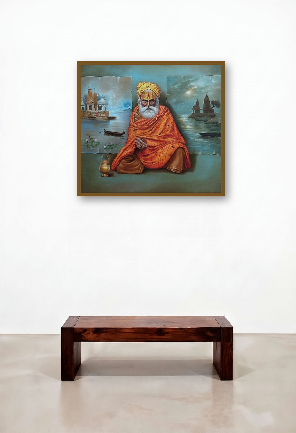 Indian Sadhu by artist Gopal Sharma displayed in a Japandi Hotel Suite