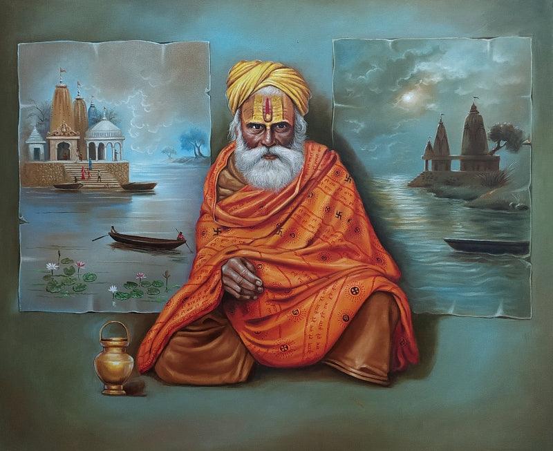 Religious oil painting titled 'Indian Sadhu', 30x36 inches, by artist Gopal Sharma on Canvas