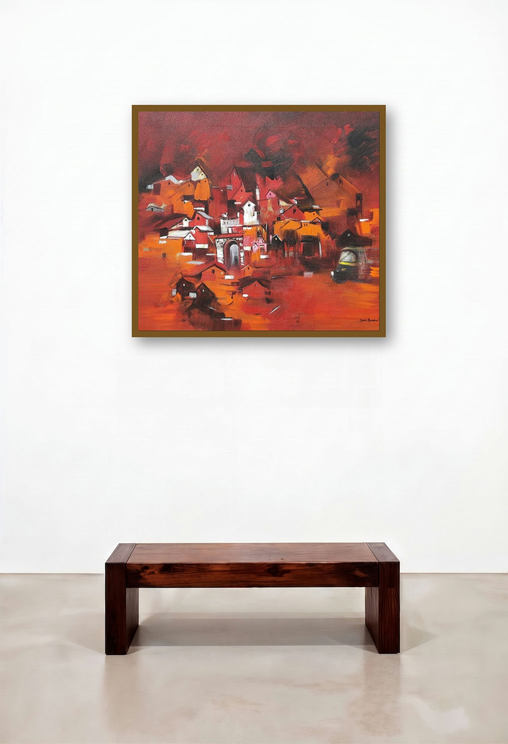 Indian Village (Dusk in the Village) by artist Sunil Bambal displayed in a Contemporary Luxury Living Room