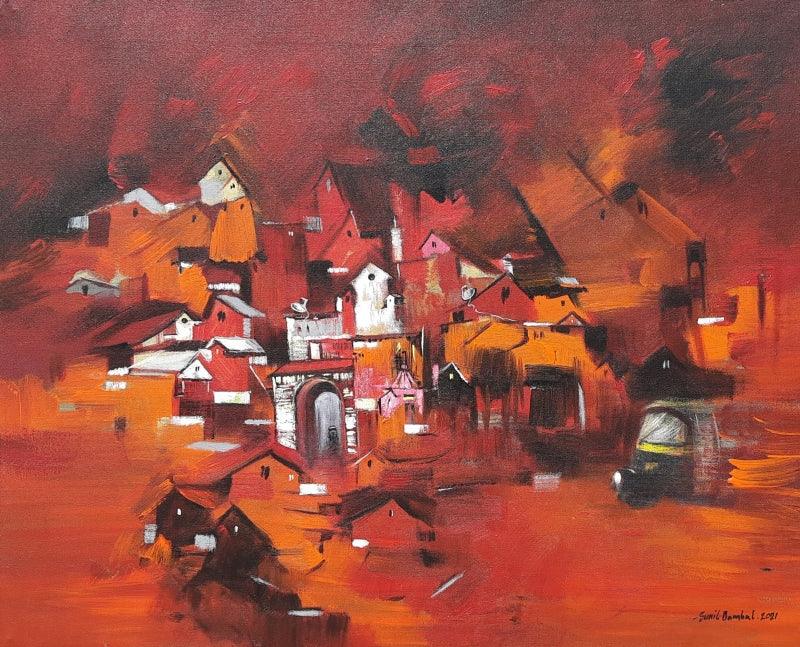 Cityscape acrylic painting titled 'Indian Village', 24x30 inches, by artist Sunil Bambal on Canvas