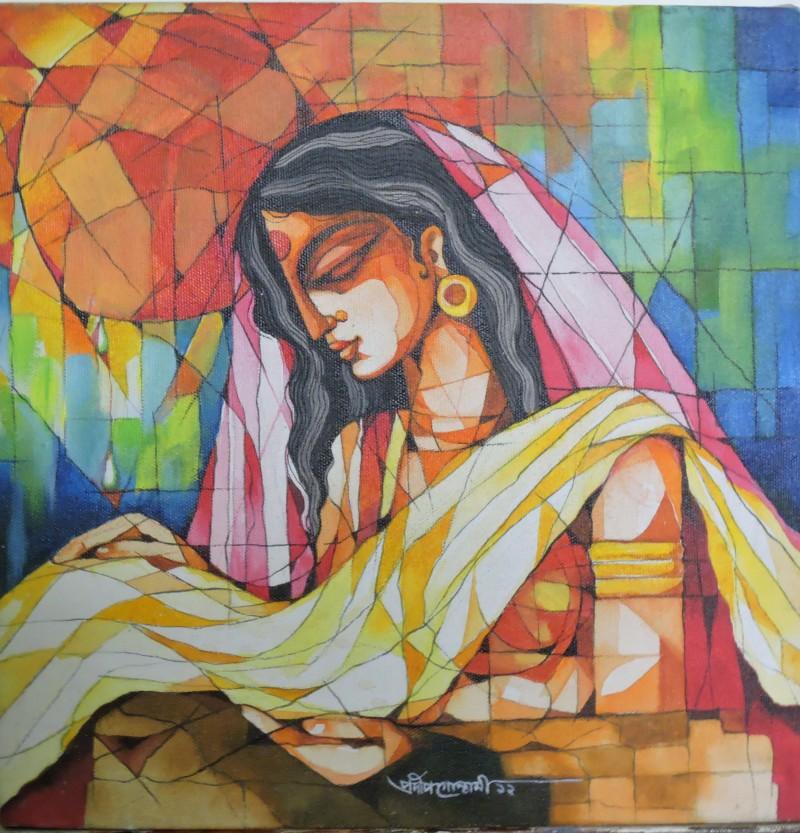 Figurative acrylic painting titled 'Indian Woman', 12x12 inches, by artist Pradip Goswami on Canvas